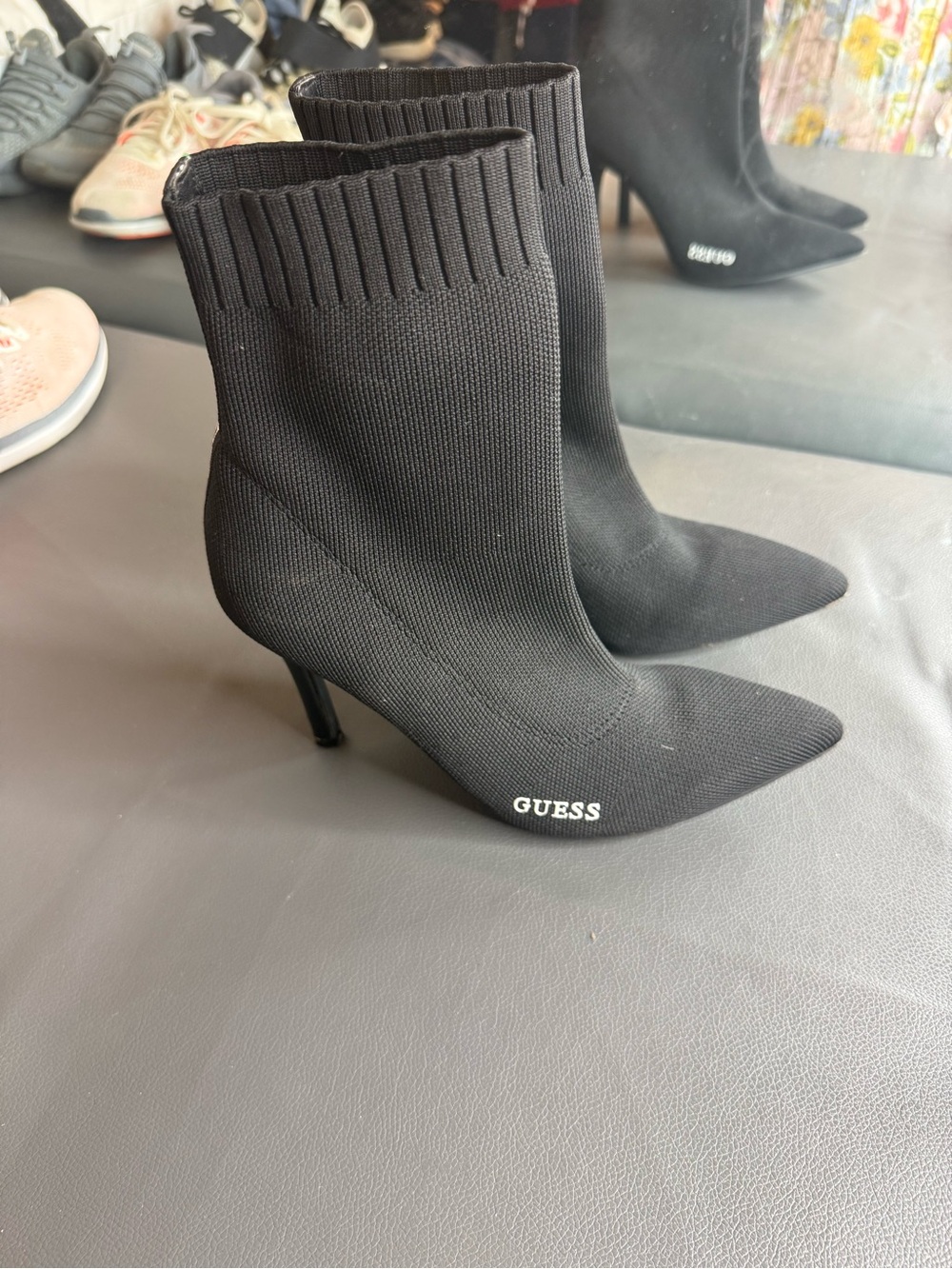 GUESS Black Knit Pointed-Toe Sock Ankle Boots